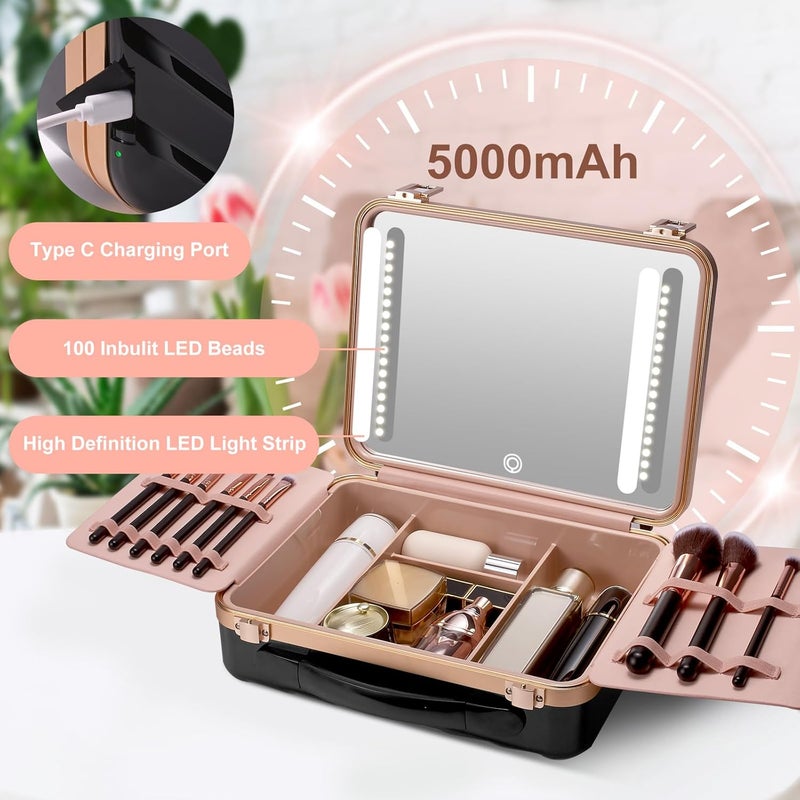 Mocado Travel Makeup Case with Lighted Mirror, Makeup Box with 8 Makeup Brushes and 10x Magnifying Mirror,Cosmetic Case Adjustable Brightness Makeup Train Case with Makeup Brushes Divider(Black) - Image 2